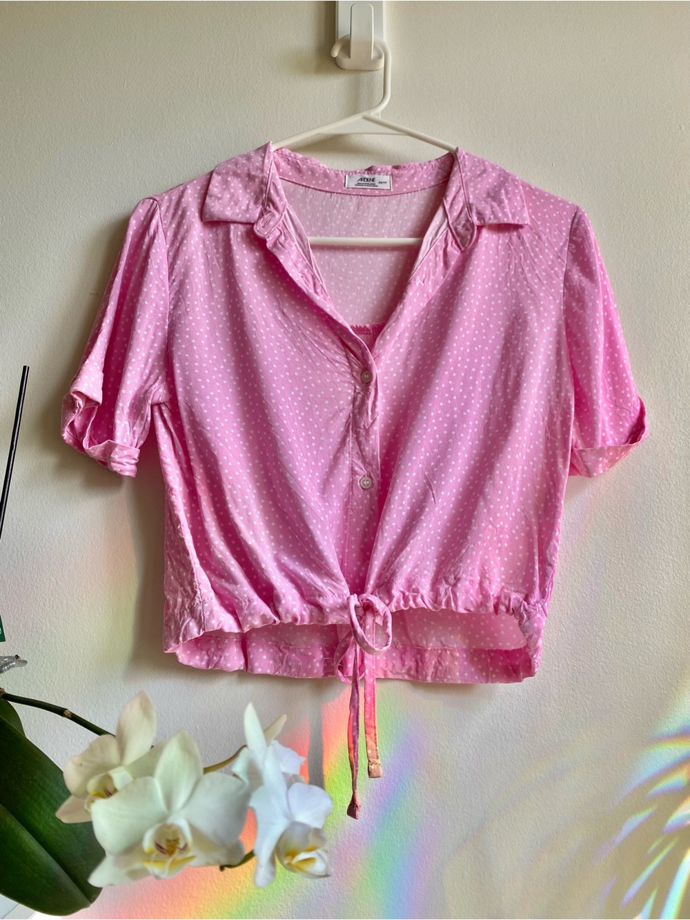 50s style Pink Polka Dot Drawstring Button-Down Blouse
